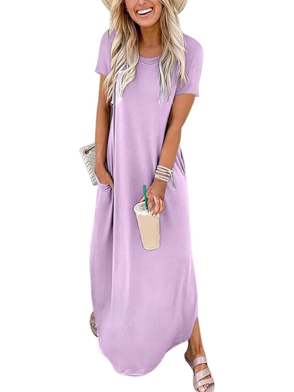 Women's Lilac Summer Maxi Dress Short Sleeve Casual Split Beach Long T Shirt